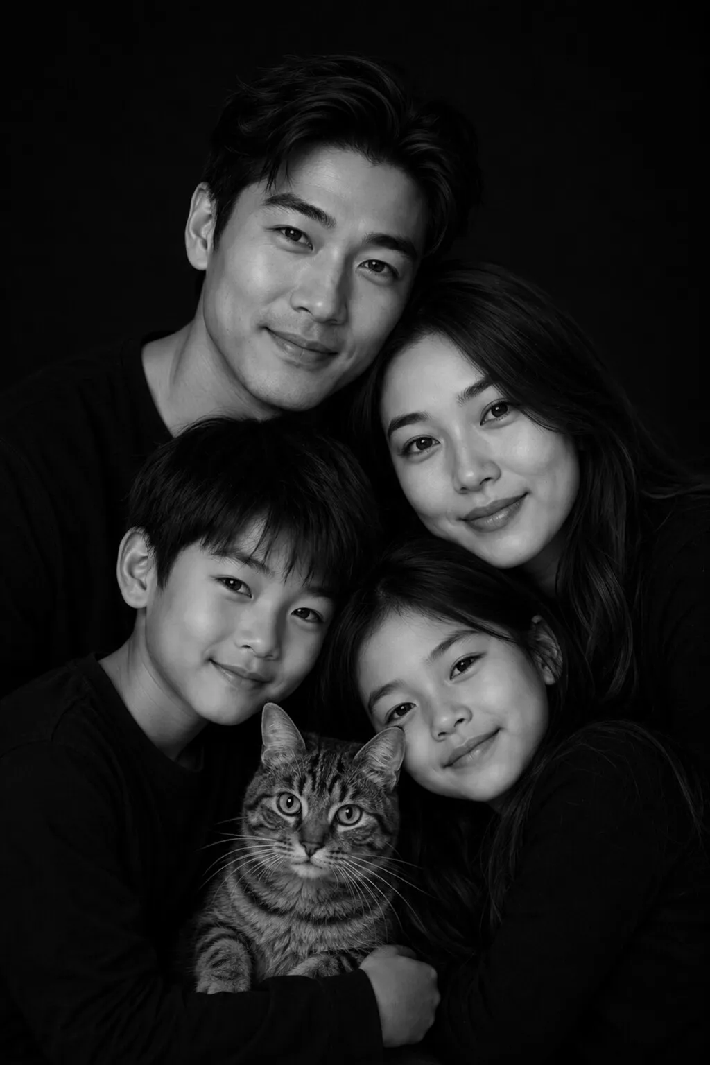 Portrait de famille noir et blanc, animal compris