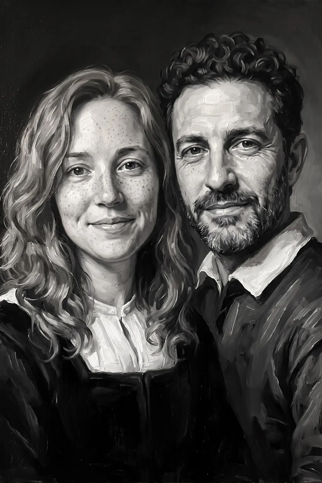 Double portrait peint en grisaille, deux visages côte à côte